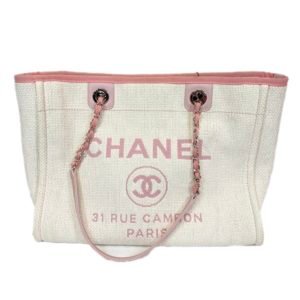 Chanel sac " Deauville " en toile écru et rose